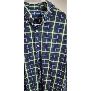 Ralph Lauren Blake Mens M Button Front Shirt Navy Green Plaid w/ Green Pony Logo